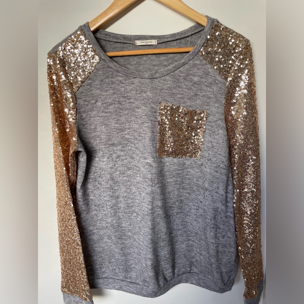 12PM by Mon Ami USA Sweater Light, grey sweater with gold sequin sleeves, pocket